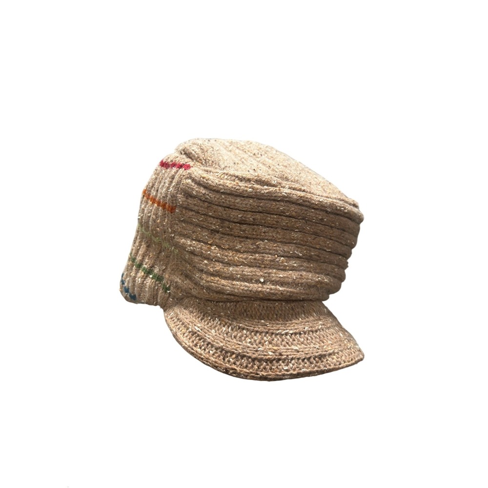 Bula Tan Knit Visor Beanie Rainbow Striped Fleece Lined Winter Cadet Hat